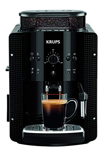Krups Machine à café grain, 1,7 L, 2 tasses en simultané, Nettoyage automatique, Buse vapeur pour Cappuccino, Cafetière espresso, Essential noire YY8125FD